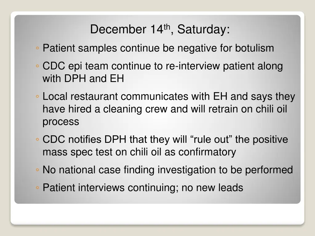 december 14 th saturday patient samples continue