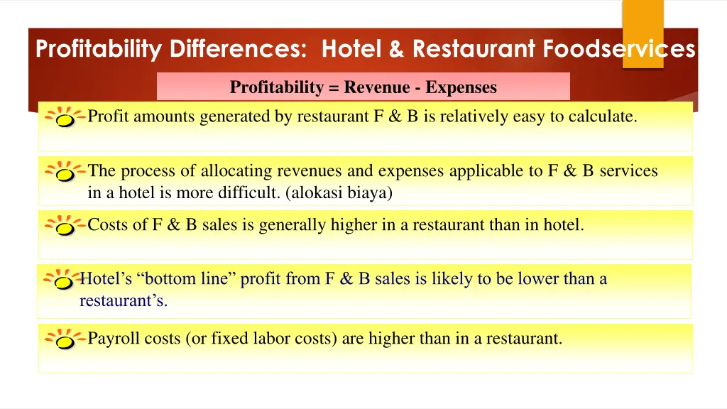 profitability differences hotel restaurant