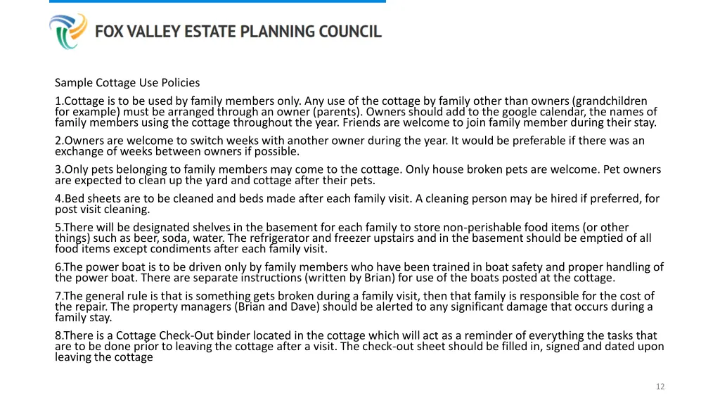 sample cottage use policies 1 cottage