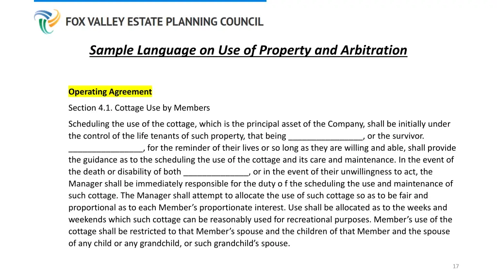 sample language on use of property and arbitration