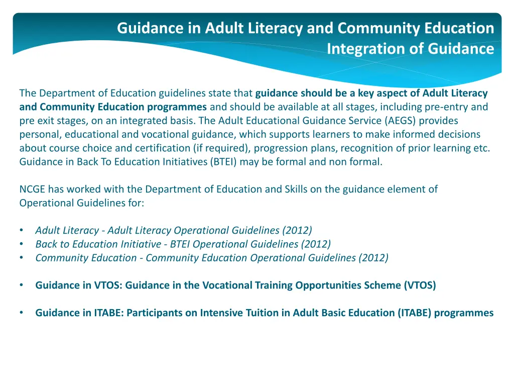 guidance in adult literacy and community education