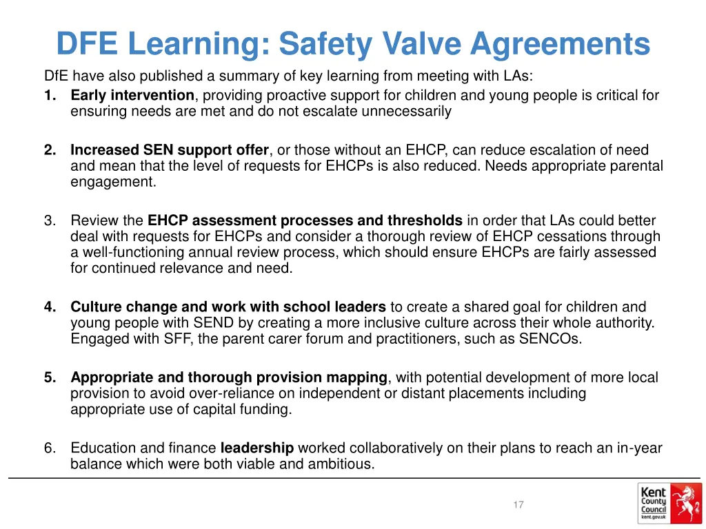 dfe learning safety valve agreements dfe have