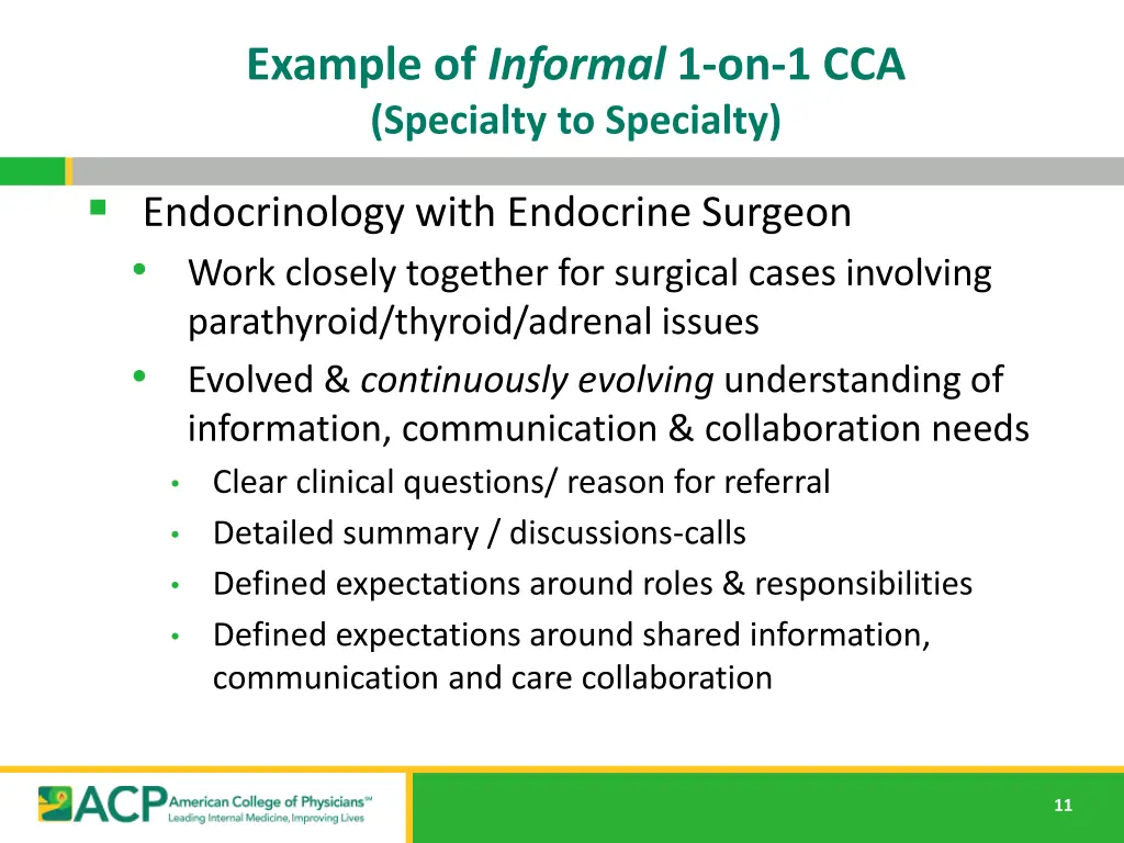 example of informal 1 on 1 cca specialty