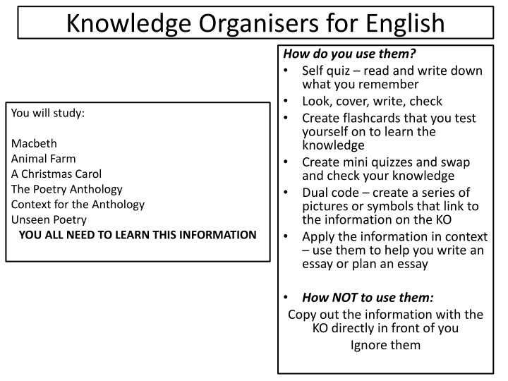 knowledge organisers for english