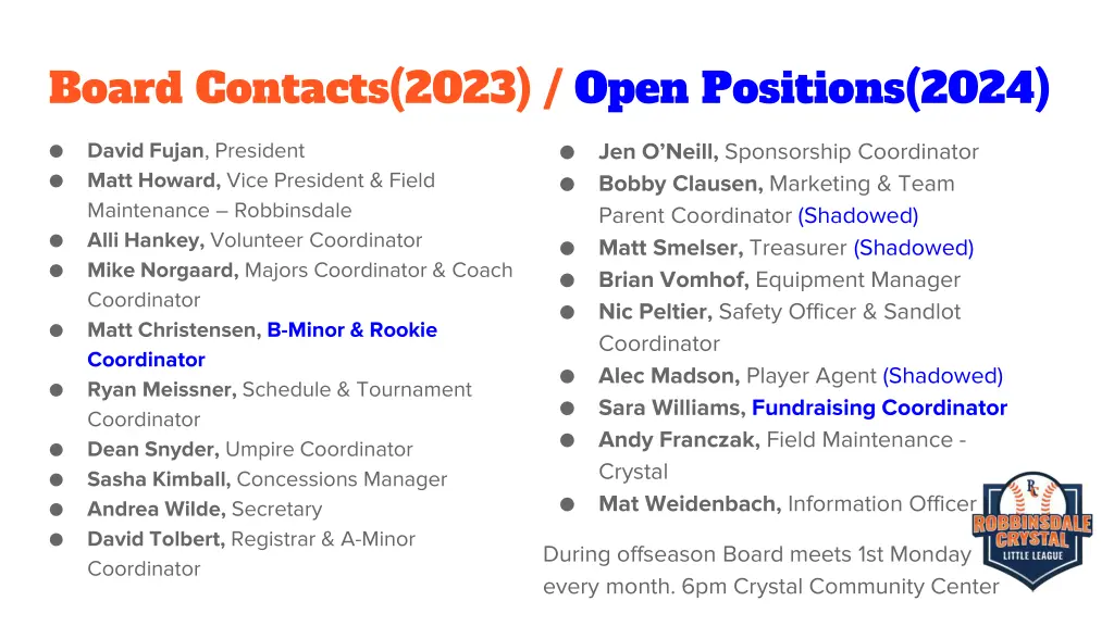 board contacts 2023 open positions 2024