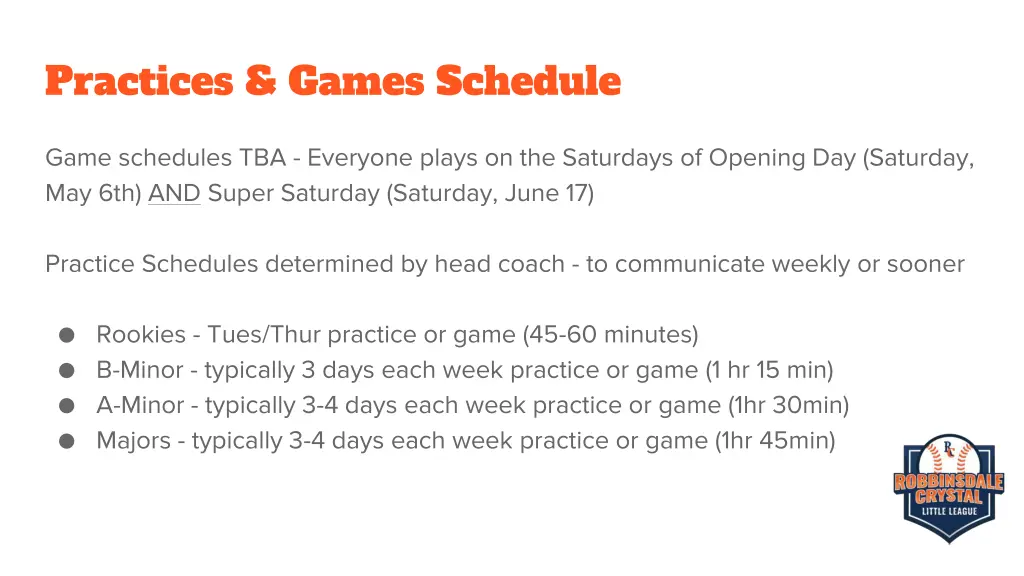 practices games schedule