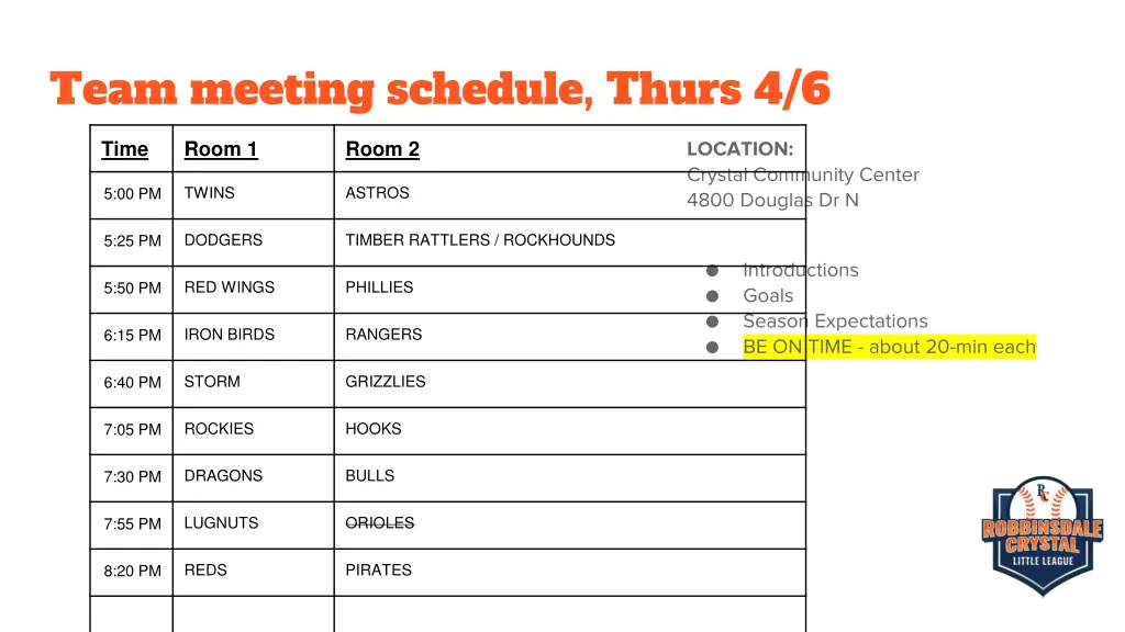 team meeting schedule thurs 4 6