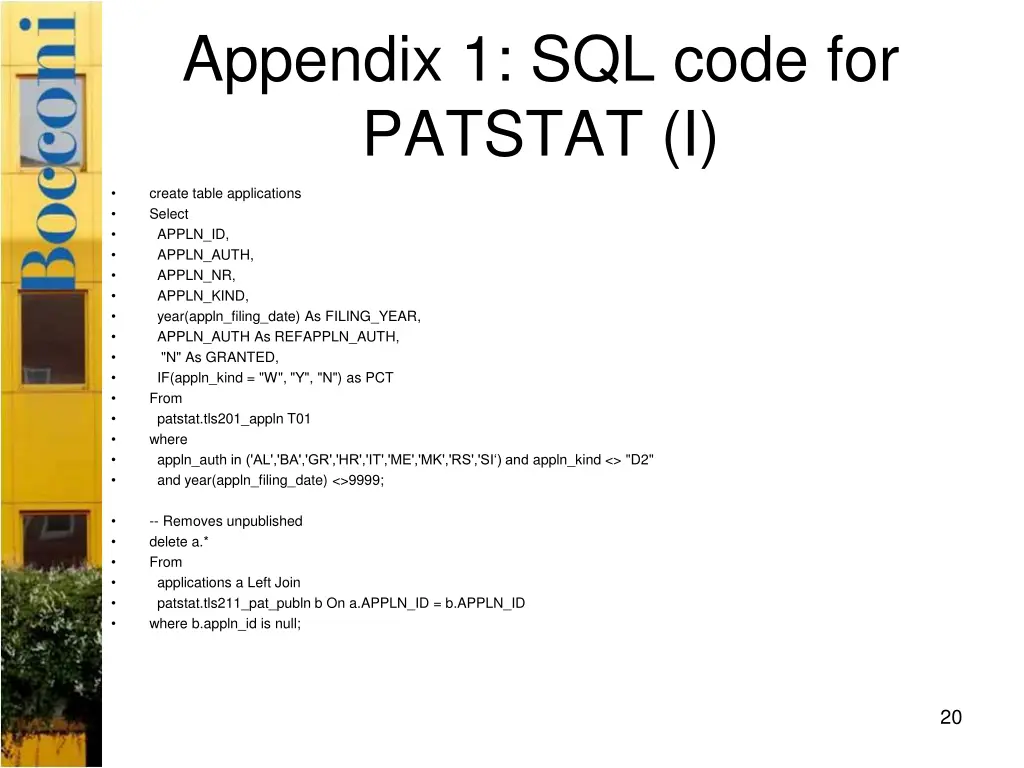 appendix 1 sql code for patstat i