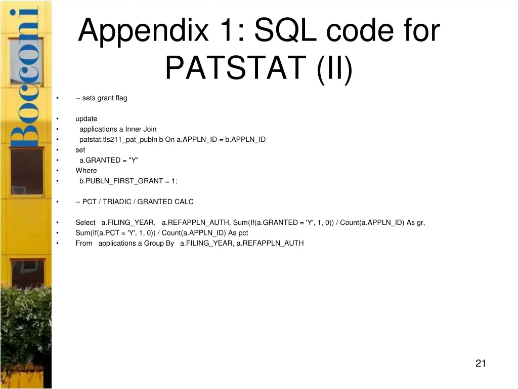 appendix 1 sql code for patstat ii