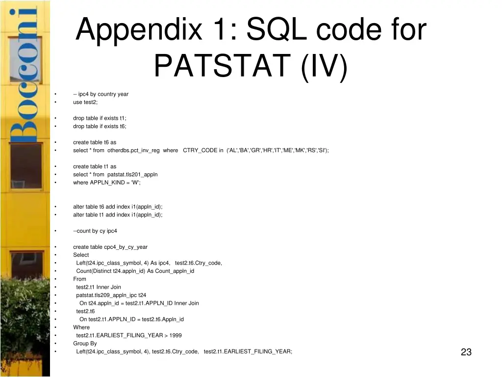 appendix 1 sql code for patstat iv