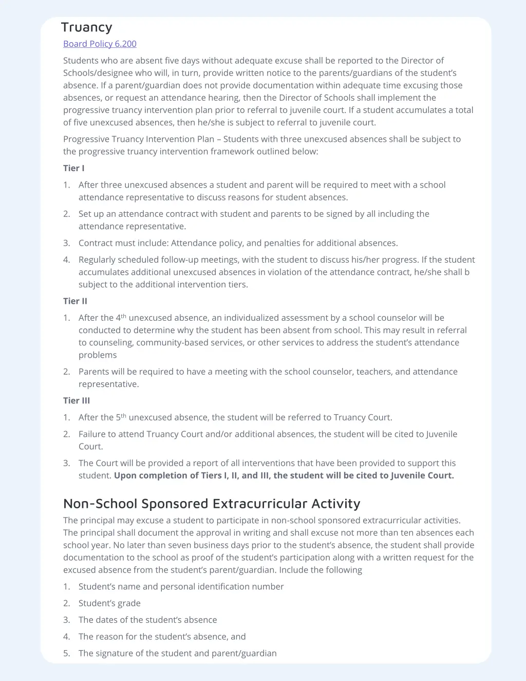 truancy board policy 6 200