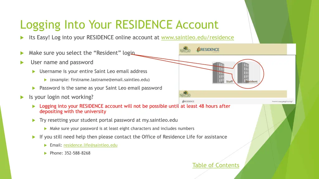 logging into your residence account