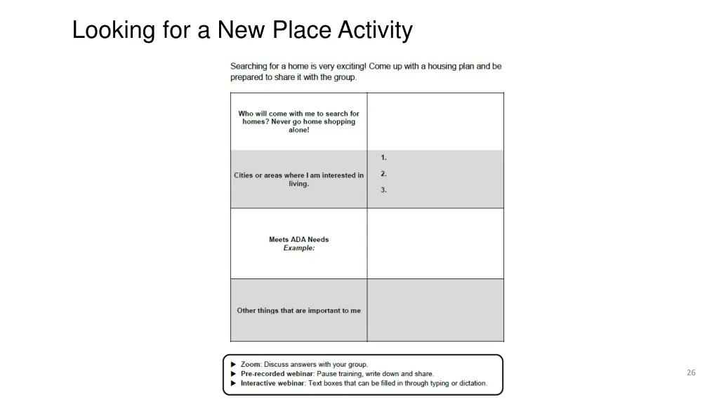 looking for a new place activity