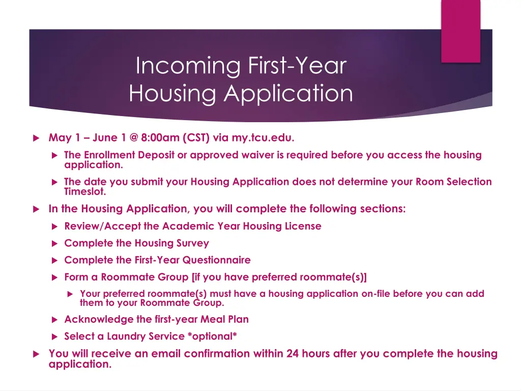 incoming first year housing application