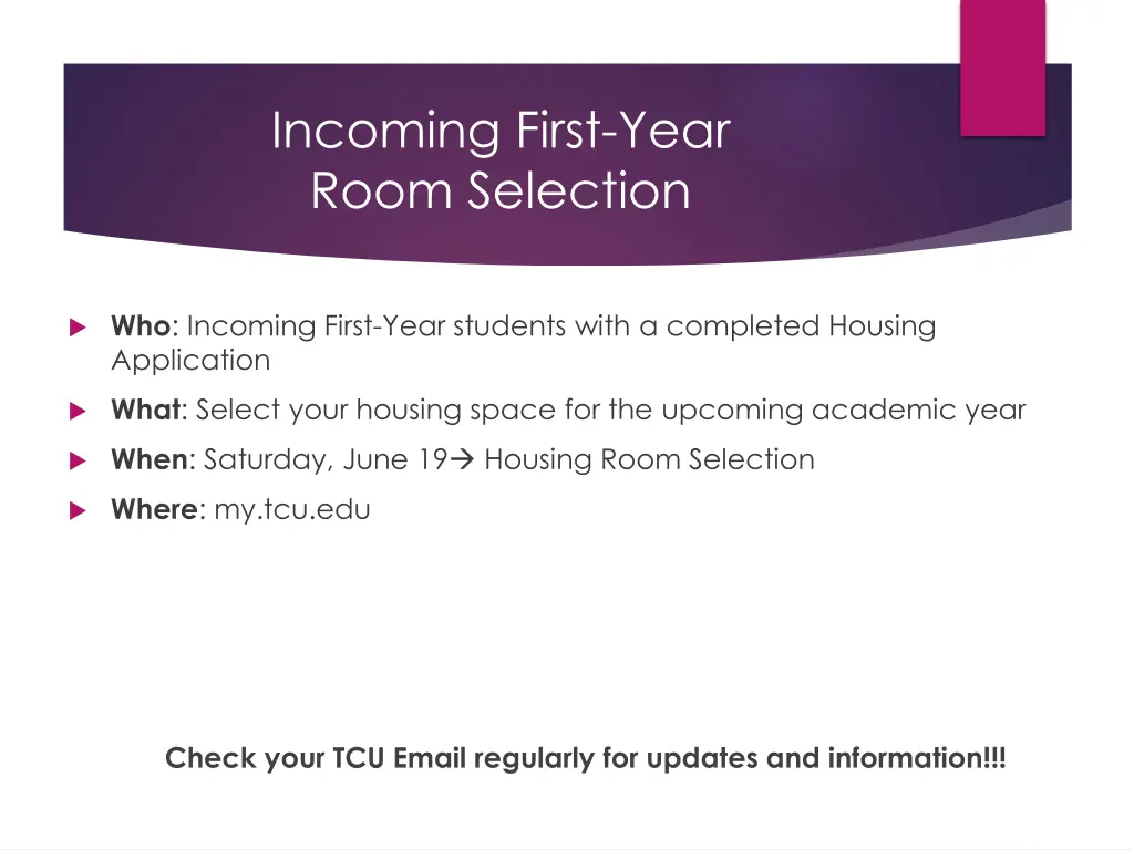 incoming first year room selection