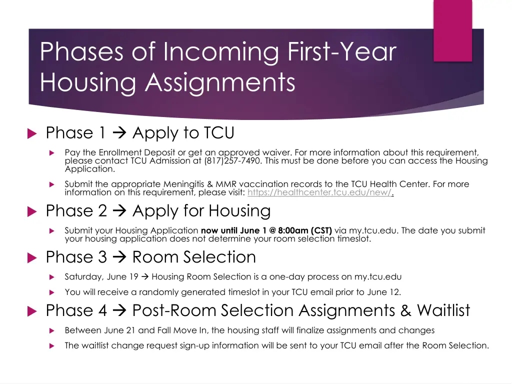 phases of incoming first year housing assignments