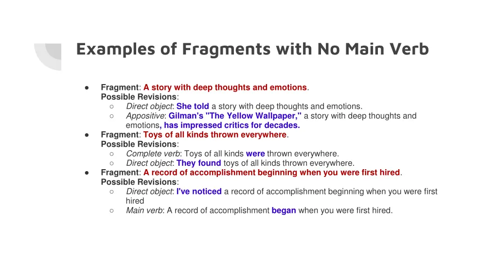 examples of fragments with no main verb