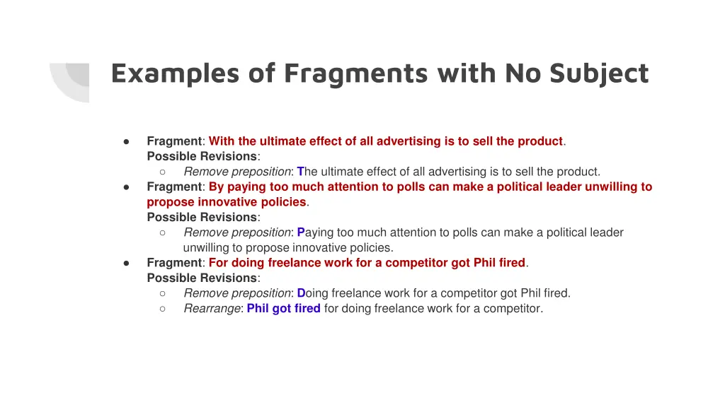 examples of fragments with no subject