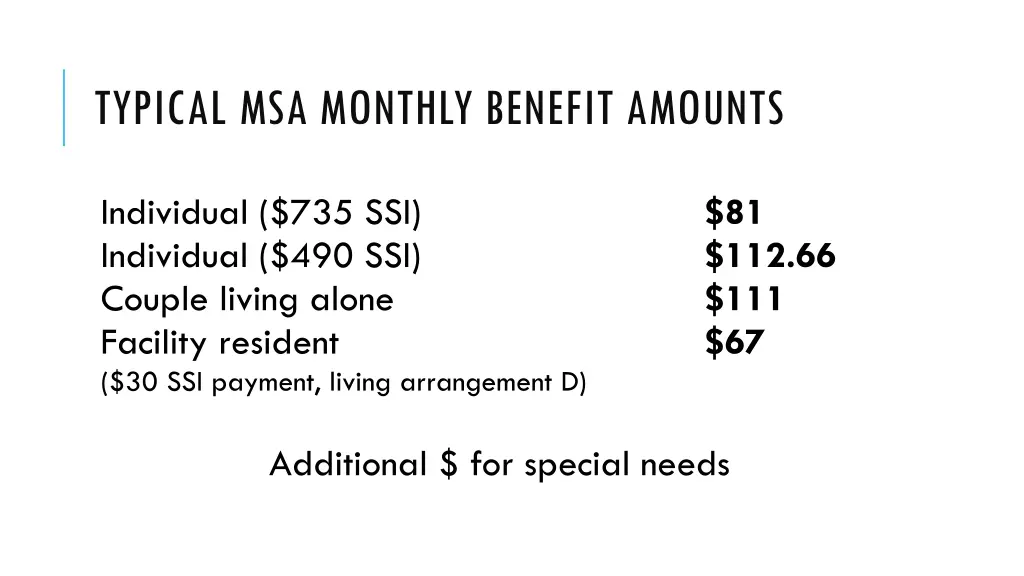 typical msa monthly benefit amounts