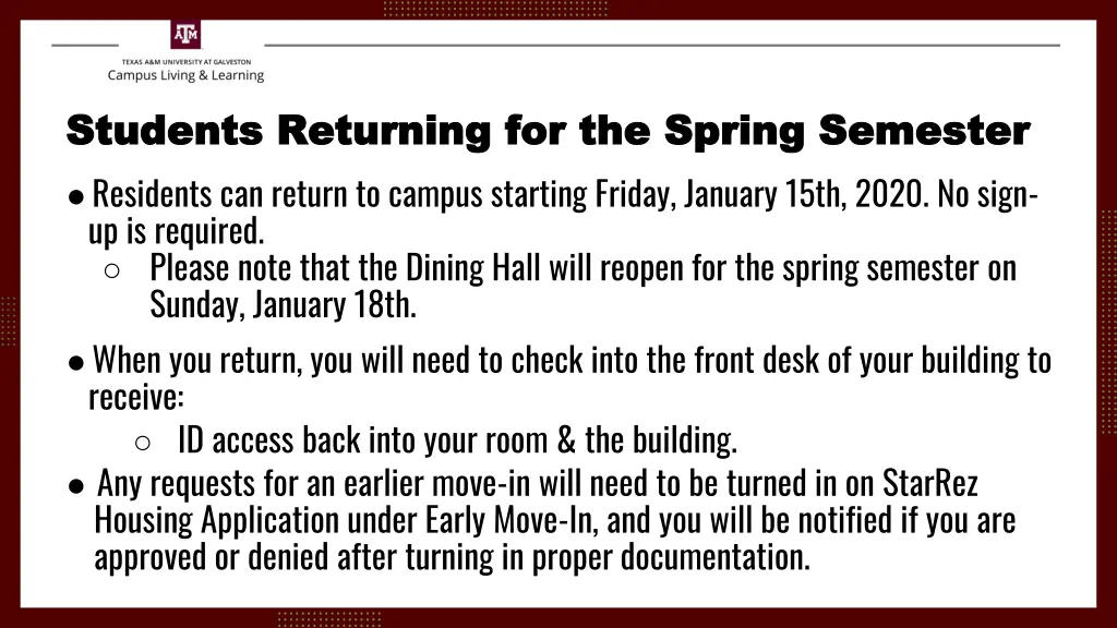 students returning for the spring semester