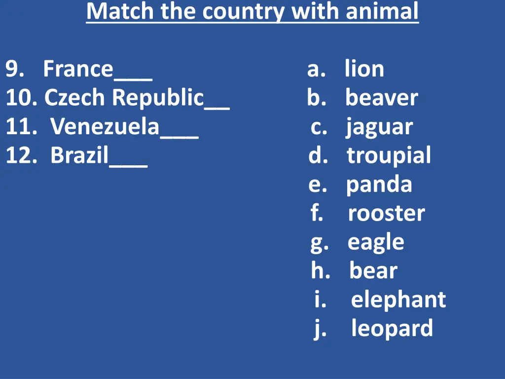 match the country with animal 1