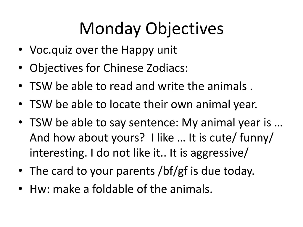 monday objectives voc quiz over the happy unit