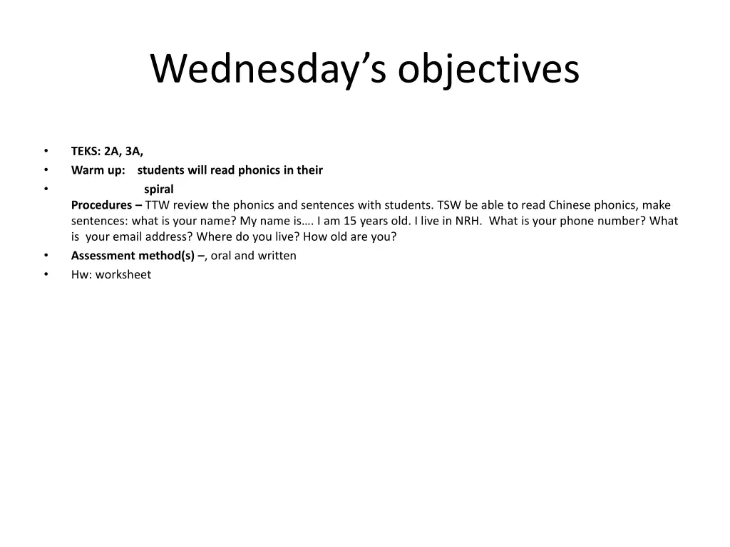 wednesday s objectives