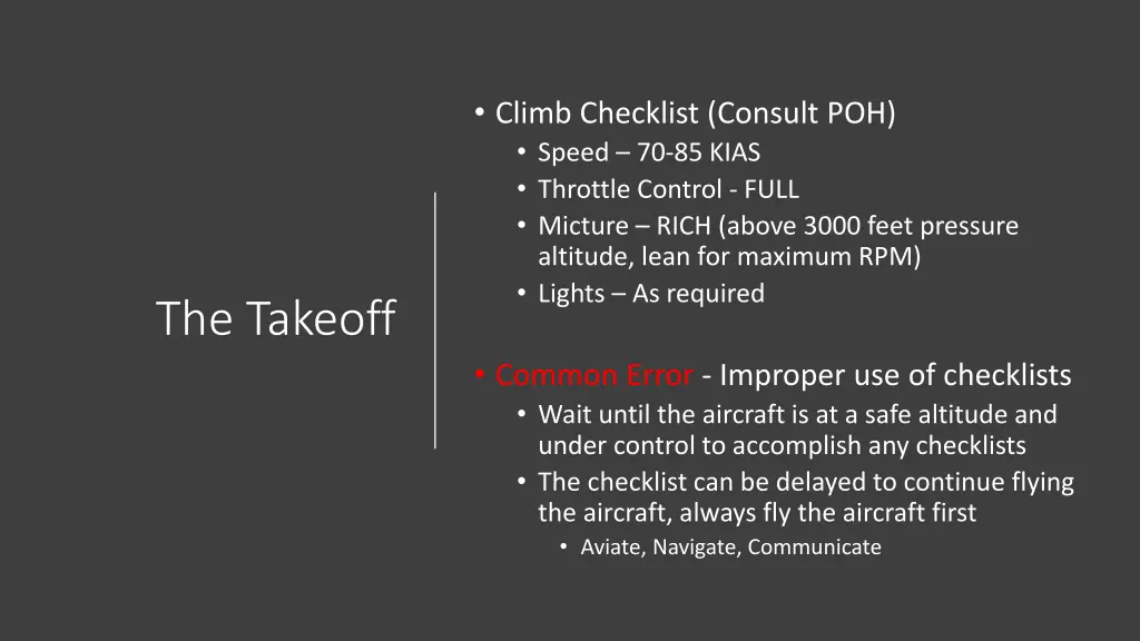 climb checklist consult poh speed 70 85 kias