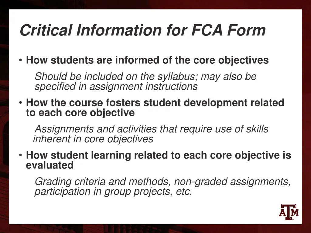 critical information for fca form