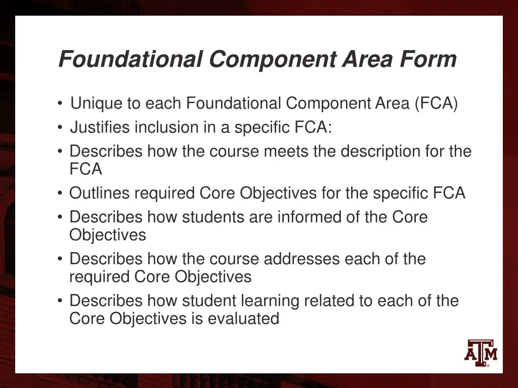 foundational component area form