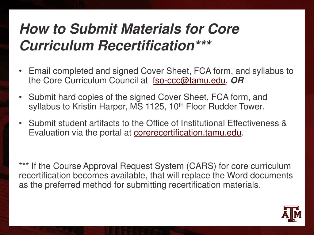 how to submit materials for core curriculum