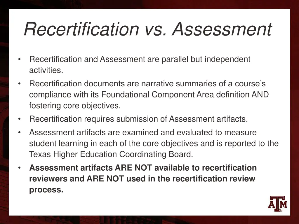 recertification vs assessment