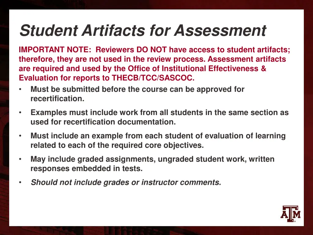 student artifacts for assessment