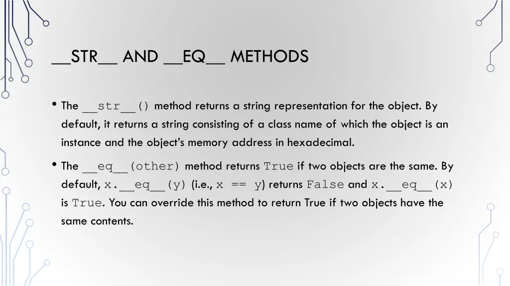 str and eq methods