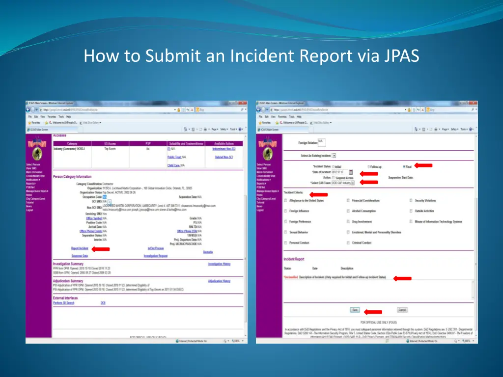 how to submit an incident report via jpas