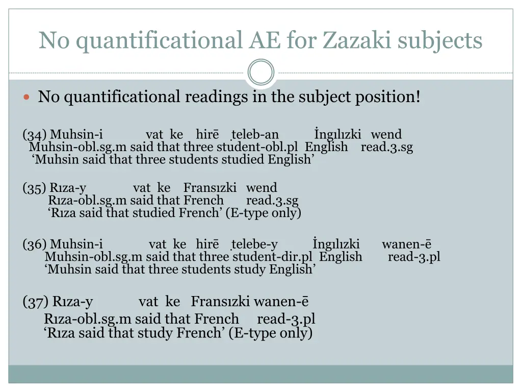 no quantificational ae for zazaki subjects