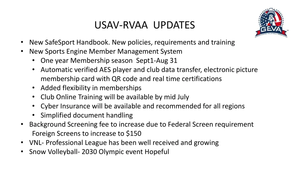 usav rvaa updates