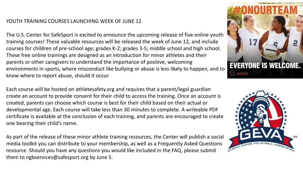 youth training courses launching week of june 12