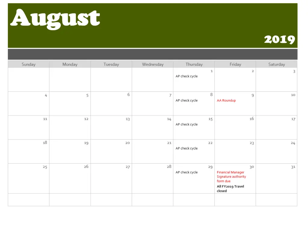 accounts payable travel deadlines august 2019