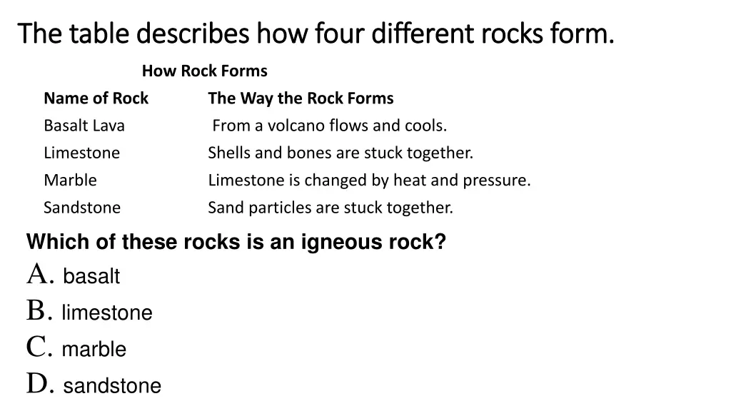 the table describes how four different rocks form