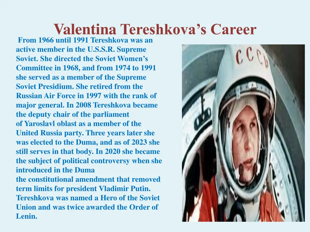 valentina tereshkova s career from 1966 until