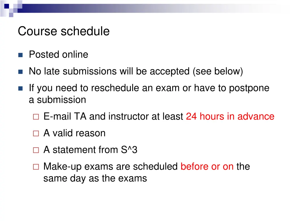 course schedule