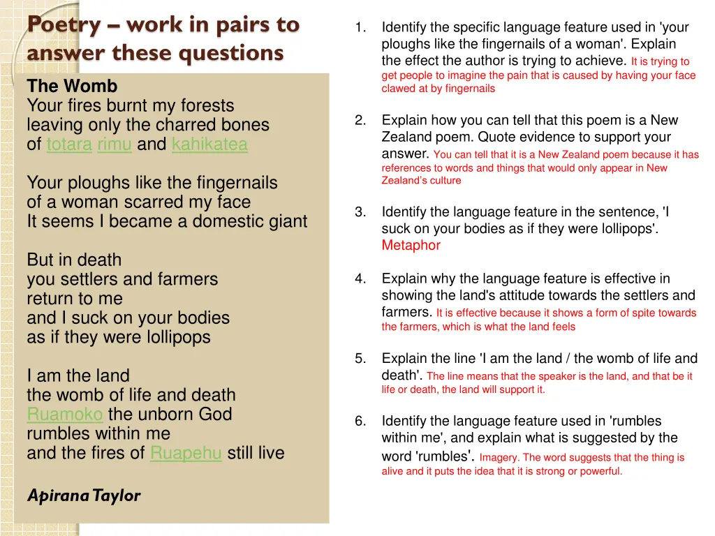 poetry work in pairs to answer these questions