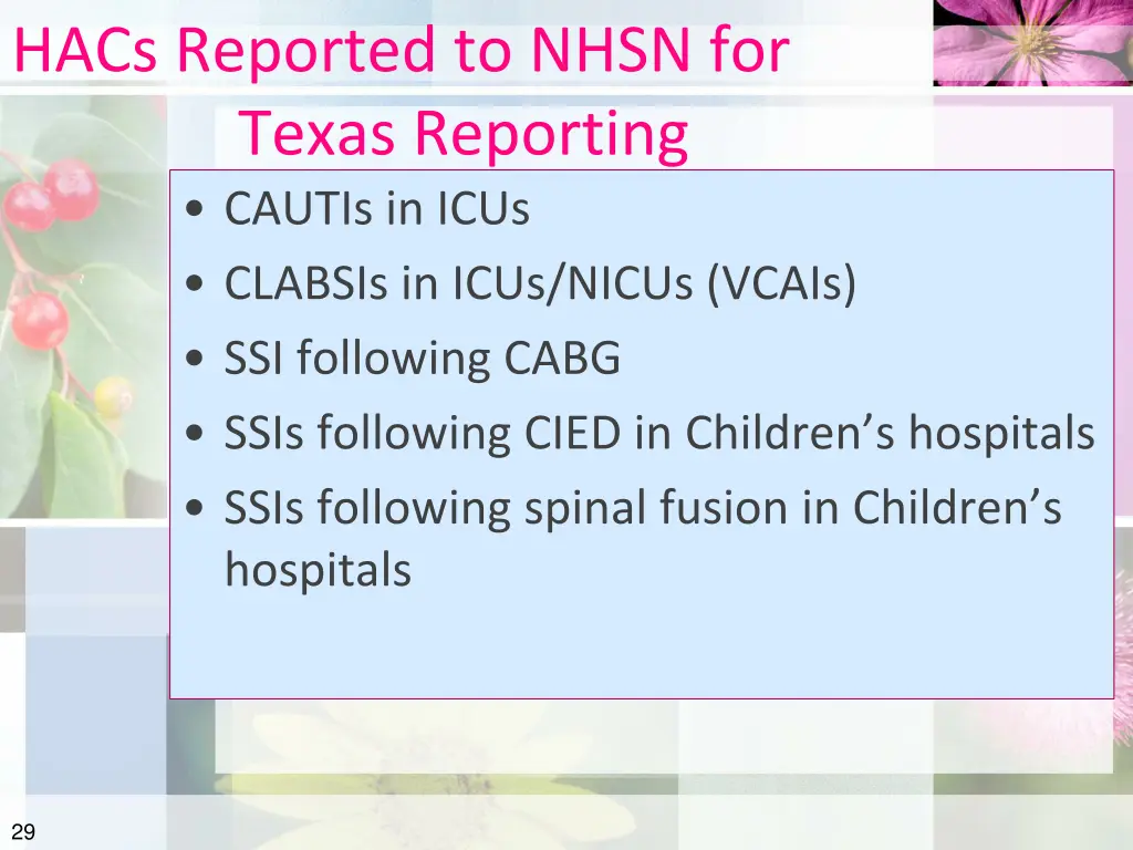 hacs reported to nhsn for texas reporting cautis