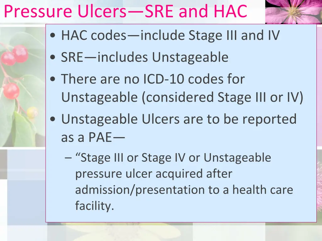 pressure ulcers sre and hac hac codes include