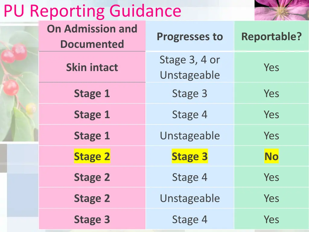 pu reporting guidance on admission and documented