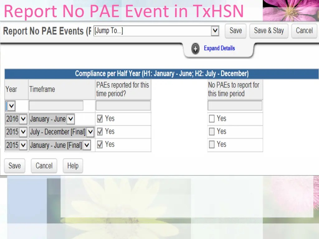 report no pae event in txhsn