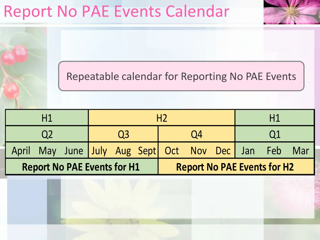 report no pae events calendar