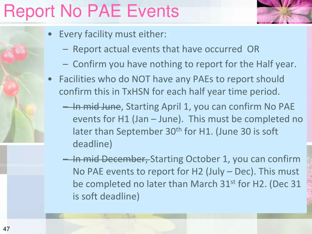 report no pae events