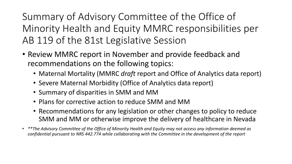 summary of advisory committee of the office